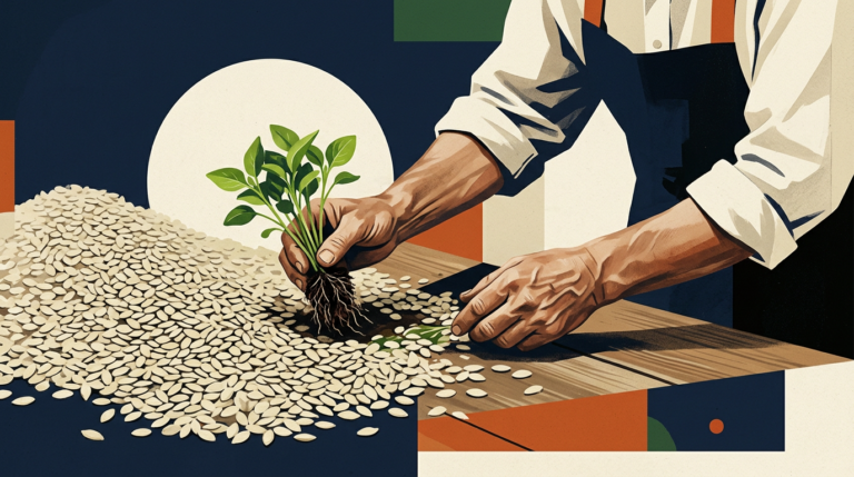 Gardener selecting specific seedlings over a mass of seeds