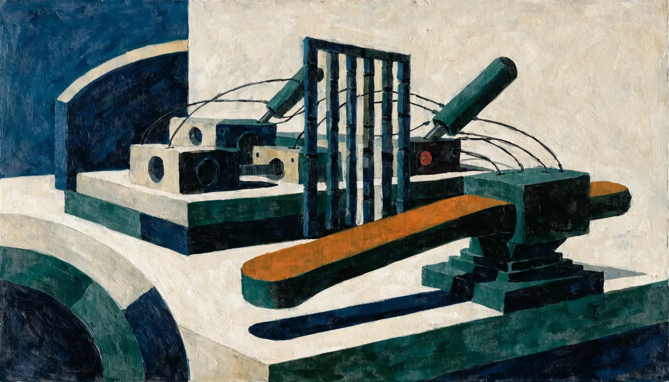 Painterly illustration of a manually operated switchboard controlling connected services